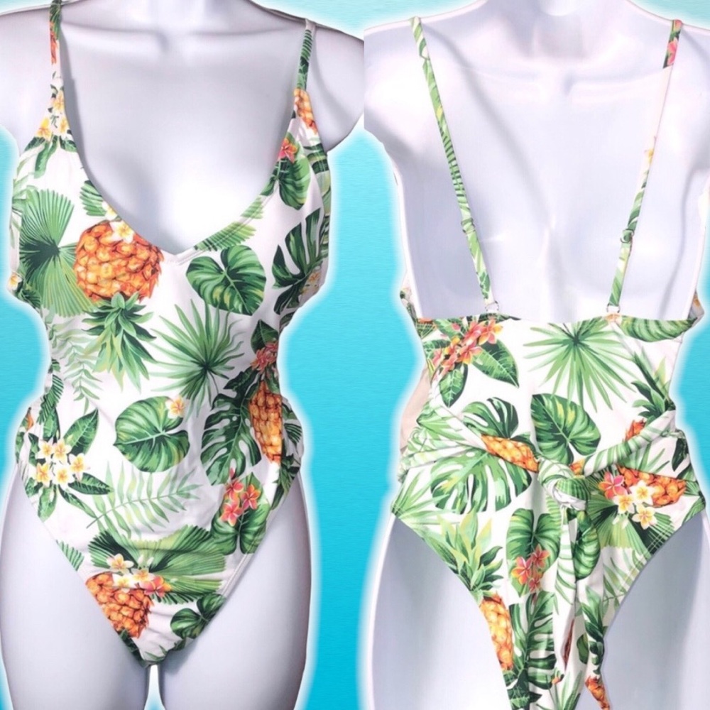 Light Blue Pineapple Tropical Floral One Piece Swimsuit High Cut Legs Size S